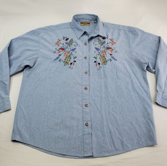 Vintage DENIM REPUBLIC Embroidered Floral SHIRT Button Down LS Women' s Sz LARGE - Picture 14 of 16